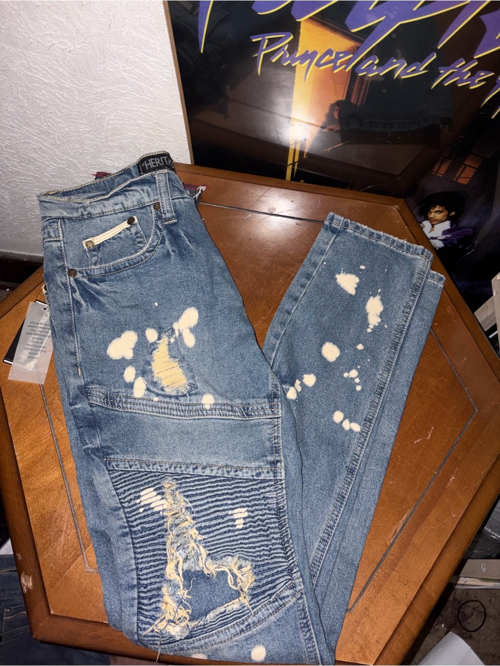 Heritage Blue Slim Straight Jeans with Cream Paint Splatters
